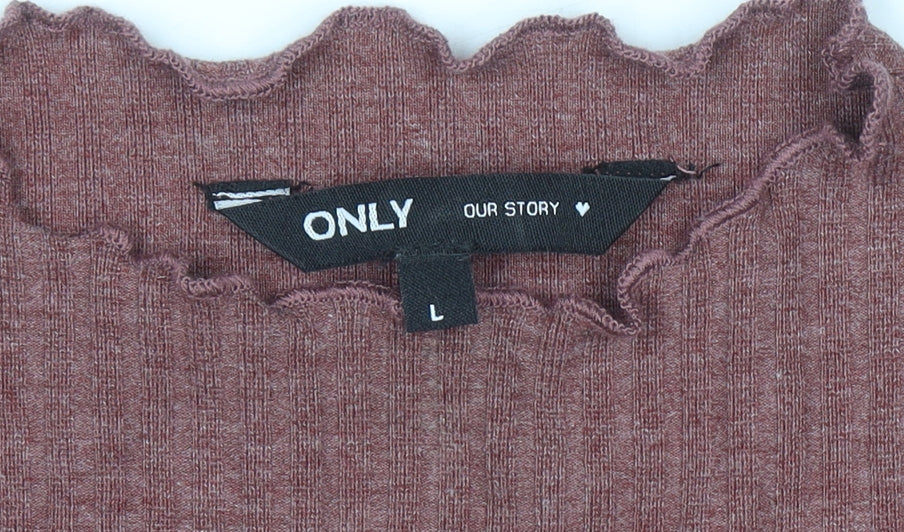 ONLY Women Brown Long Sleeve Mock Neck Ribbed Top L