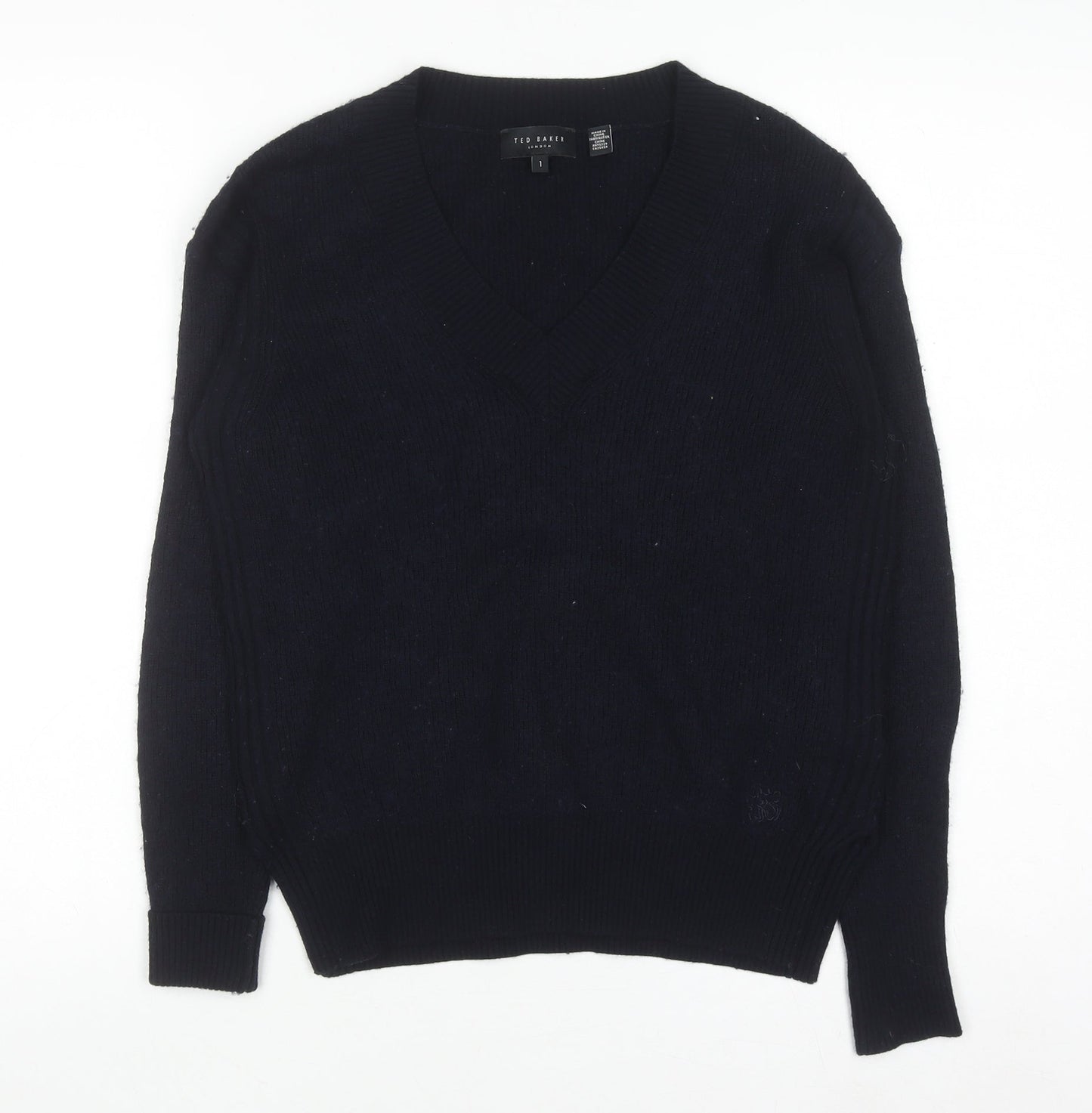 Ted Baker Womens Navy V-Neck Wool Blend Jumper Size 10 Classic Fit