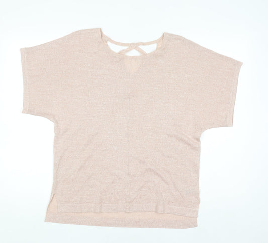 Marks and Spencer Women’s Beige Knit Metallic Linen Blend Short Sleeve Top Size 12