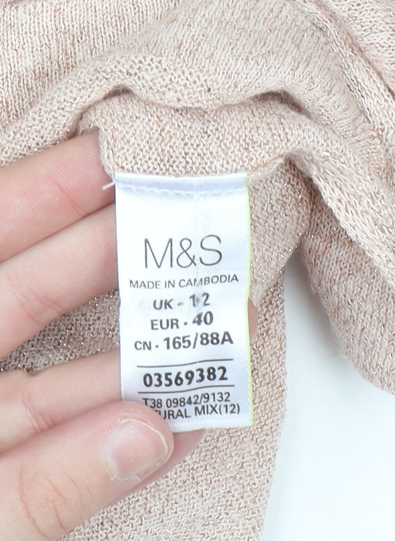 Marks and Spencer Women’s Beige Knit Metallic Linen Blend Short Sleeve Top Size 12