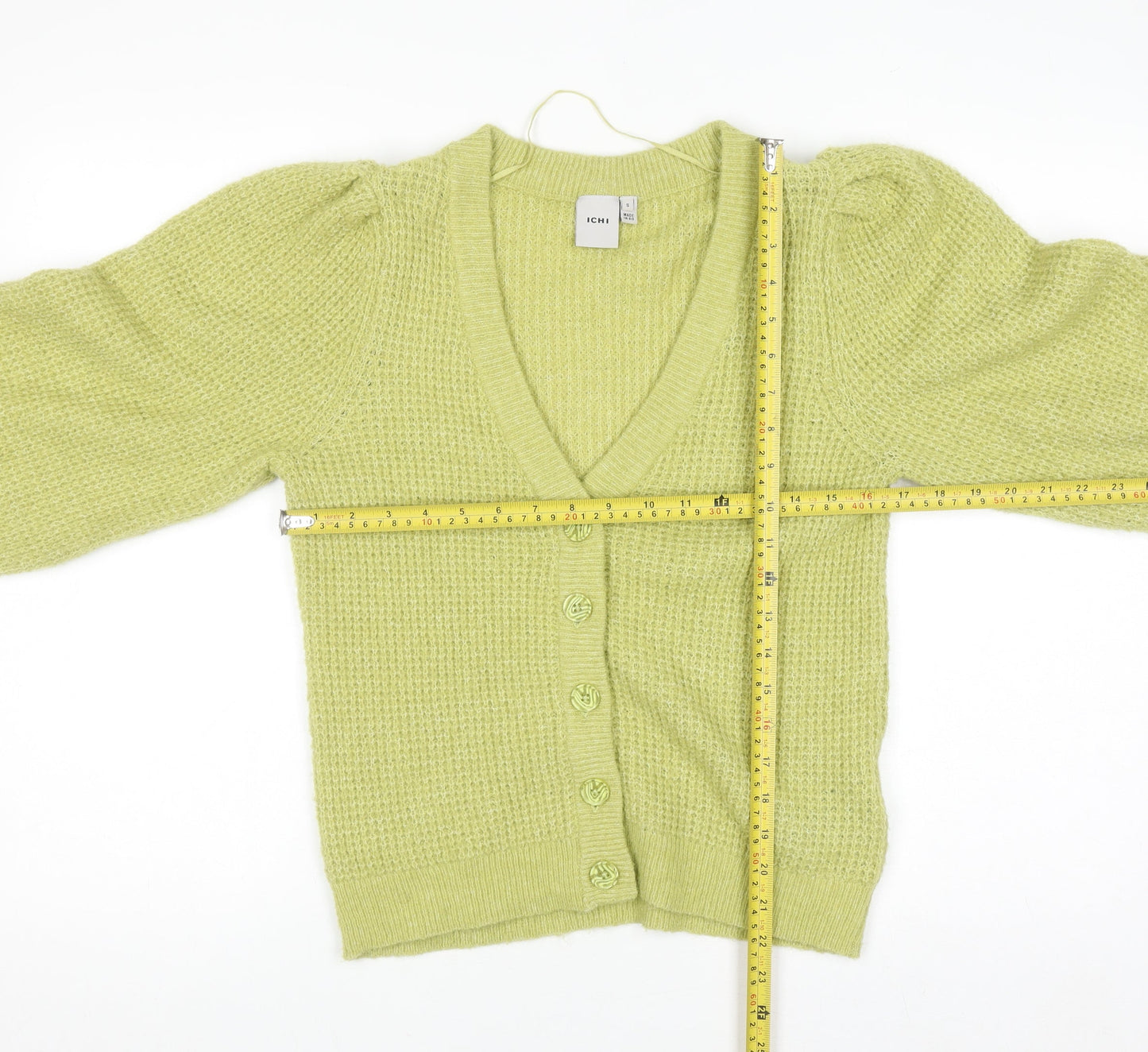 ICHI Women's Green V-Neck Chunky Knit Puff Sleeve Cardigan Size S