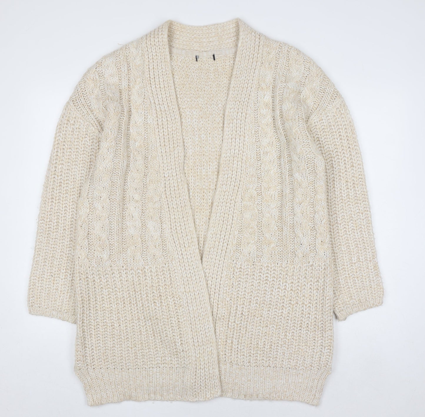 M&Co Women Beige Cable-Knit Long Sleeve Open Cardigan Size 16