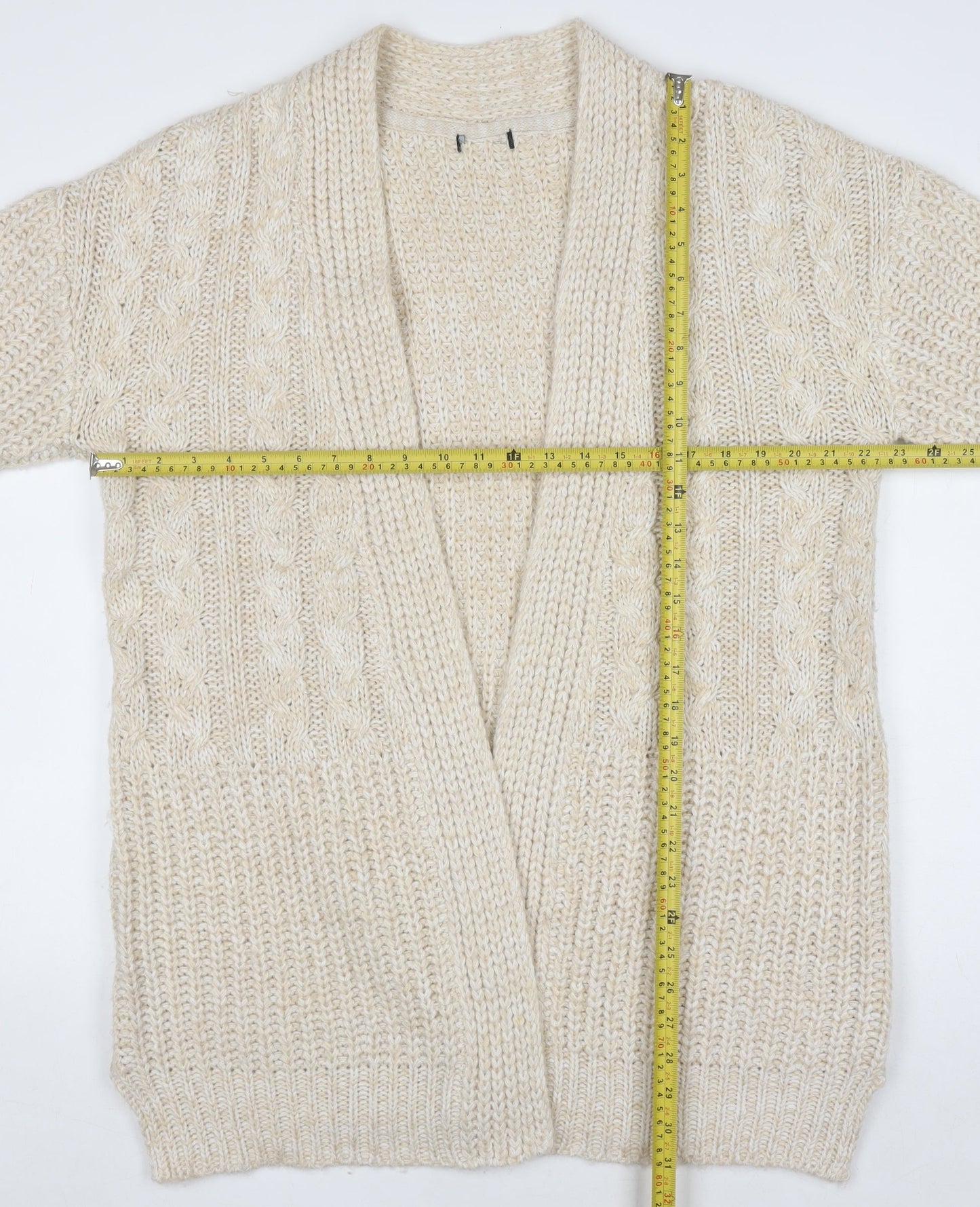 M&Co Women Beige Cable-Knit Long Sleeve Open Cardigan Size 16