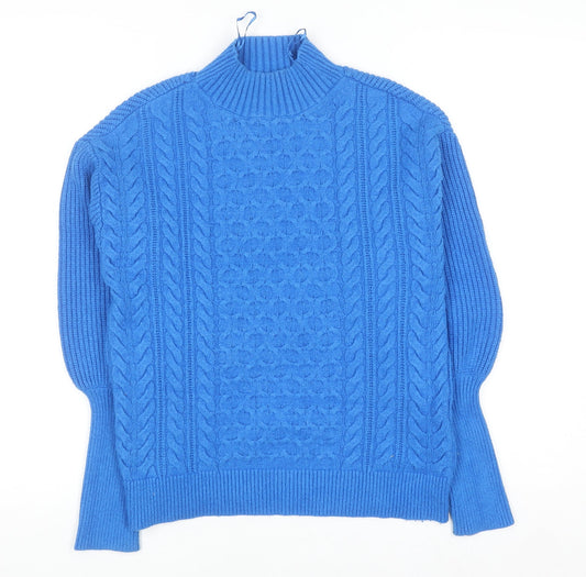 Marks and Spencer Women's Blue Mock Neck Cable Knit Jumper Small