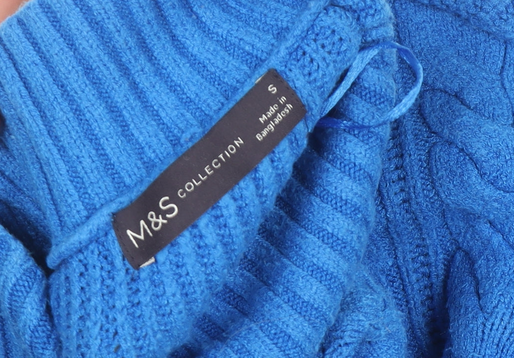 Marks and Spencer Women's Blue Mock Neck Cable Knit Jumper Small