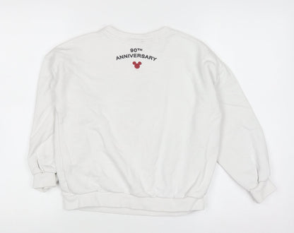 Close-up detail of Disney boys’ white mickey mouse pullover sweatshirt 9 years 90th anniversary