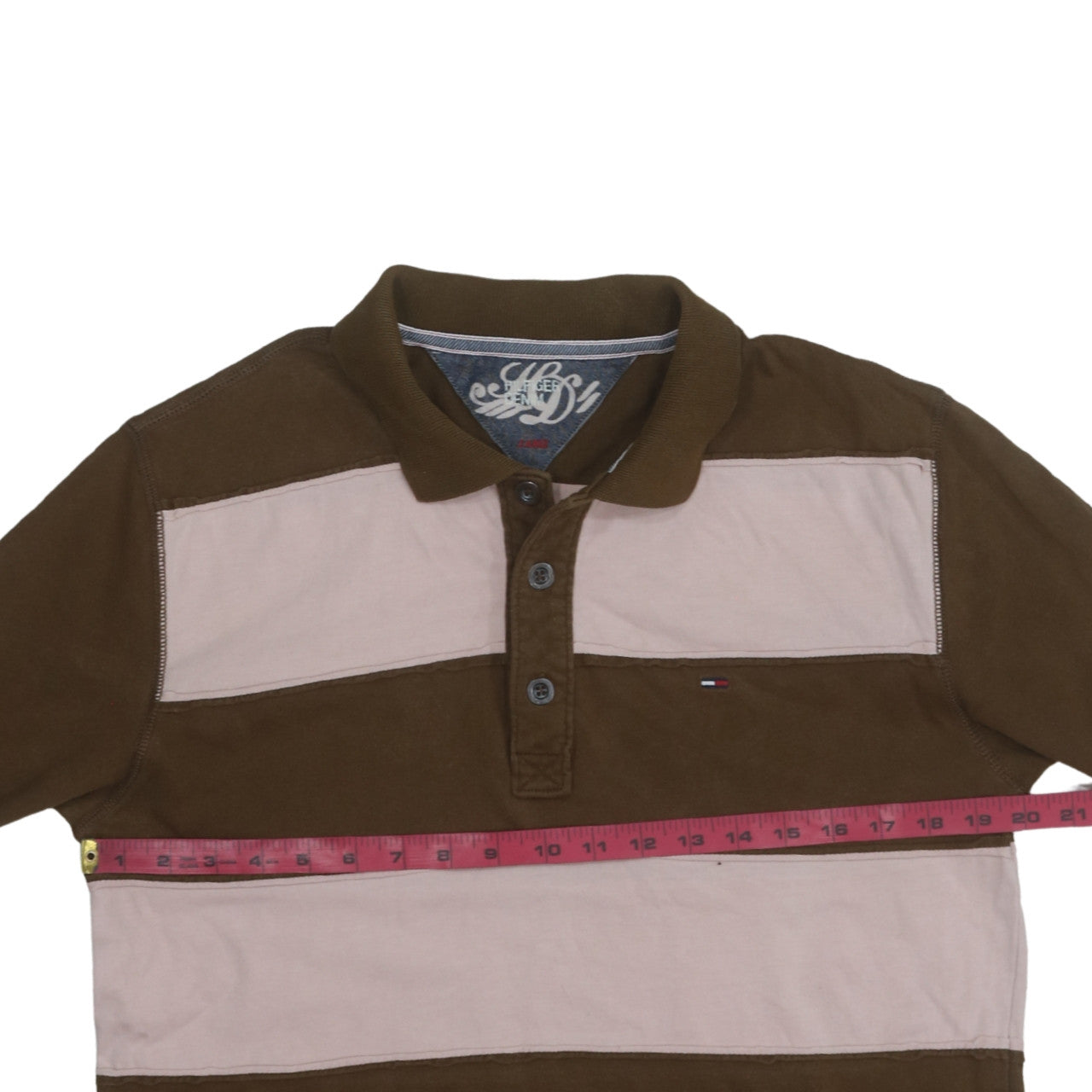 Tommy Hilfiger Men's Brown Striped Long Sleeve Polo Shirt L