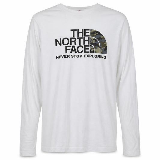 Front view of The North Face boys’ white cotton long sleeve logo t-shirt xl