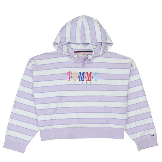 Tommy Jeans Womens Lilac Striped Pullover Hoodie Size L Cotton