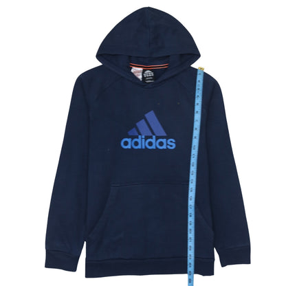 Close-up detail of Adidas boys’ navy blue pullover hoodie 15-16 years performance essentials