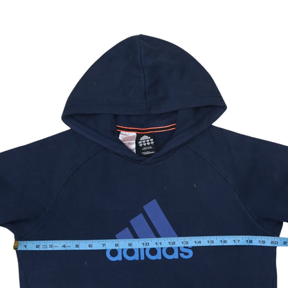 Brand and care label for Adidas boys’ navy blue pullover hoodie 15-16 years performance essentials