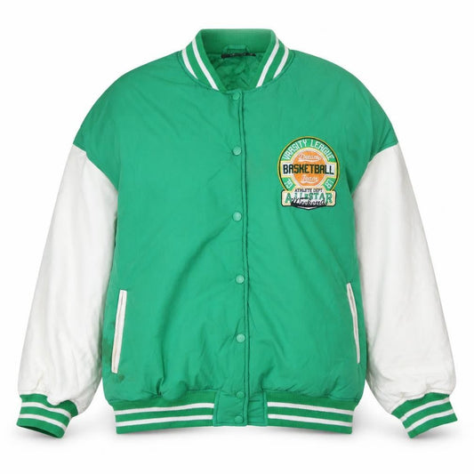 Front view of Missguided women’s green varsity jacket uk 10 casual baseball style