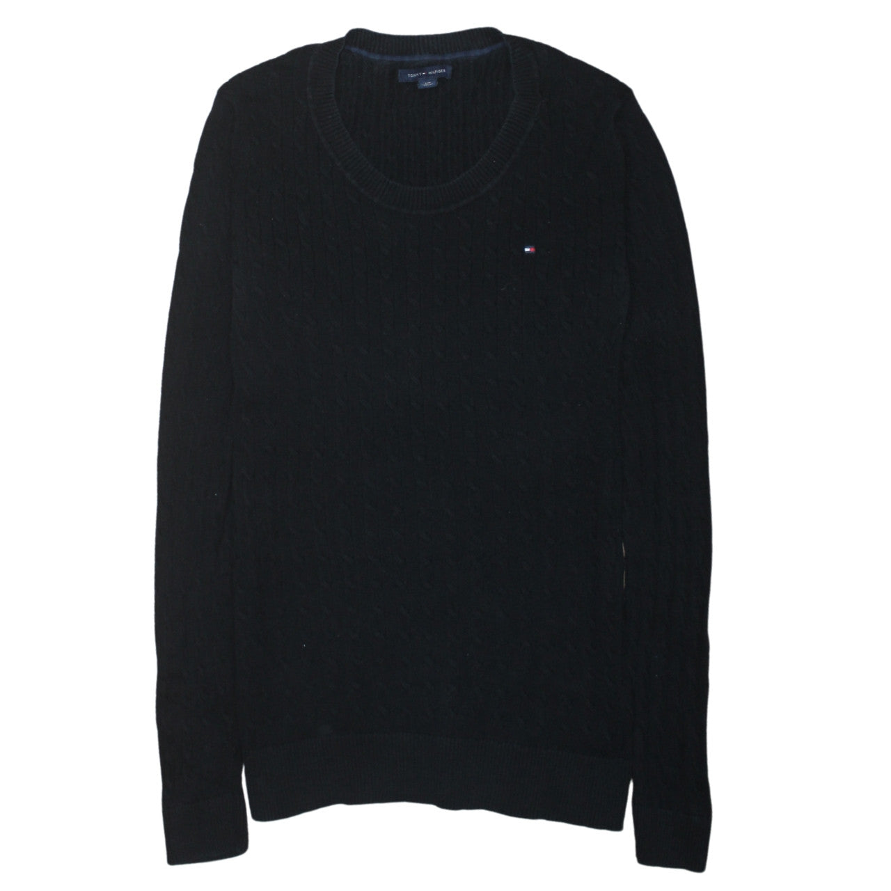 Tommy Hilfiger Men's Black Cable-Knit Cotton Crew Neck Jumper M
