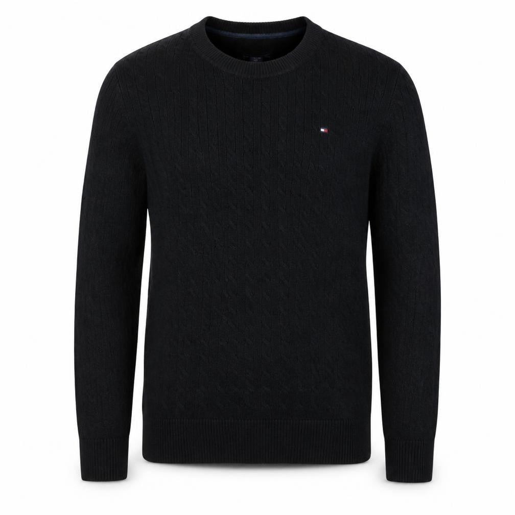 Tommy Hilfiger Men's Black Cable-Knit Cotton Crew Neck Jumper M