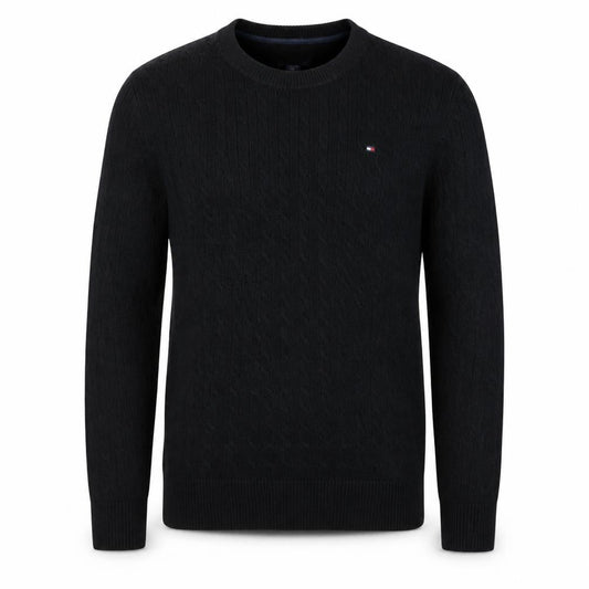 Tommy Hilfiger Men's Black Cable-Knit Cotton Crew Neck Jumper M