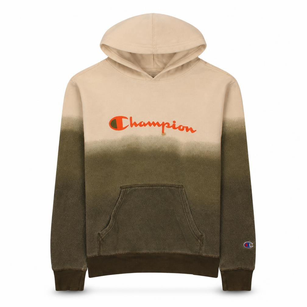 Champion Boys Beige & Green Pullover Hoodie L Logo Print Cotton Blend