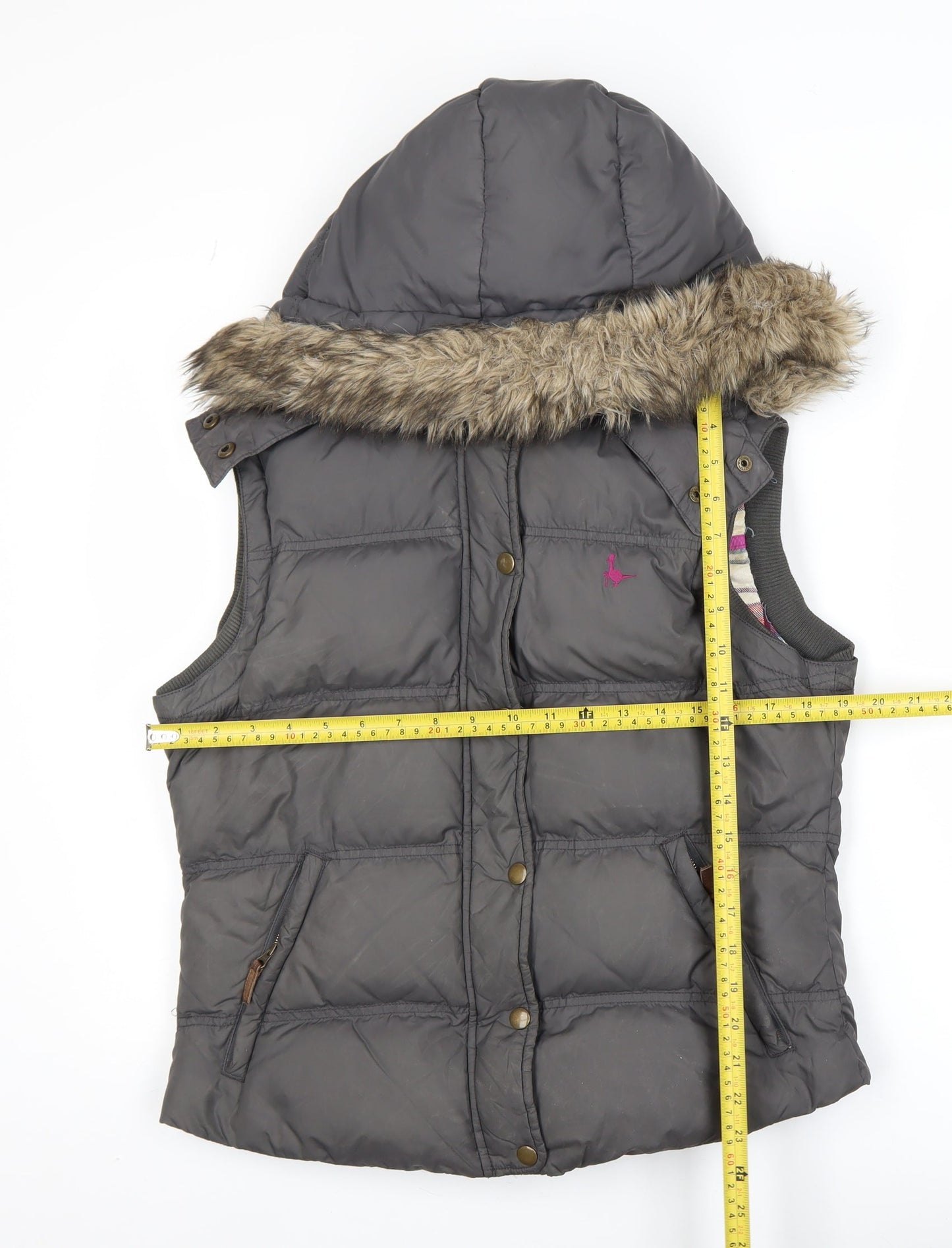 Jack Wills Womens Grey Hooded Faux Fur Trim Puffer Waistcoat UK 12