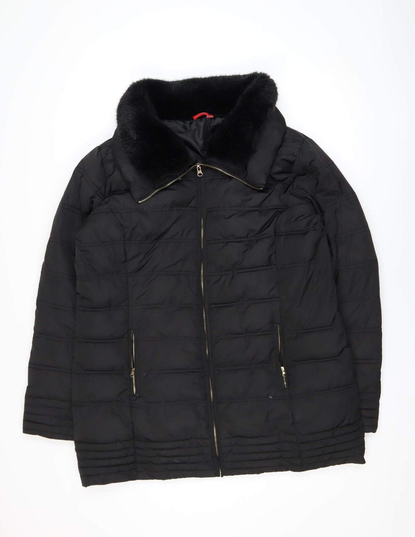 Tissaia Women Black Faux Fur Collar Mid-Length Puffer Coat Size 20