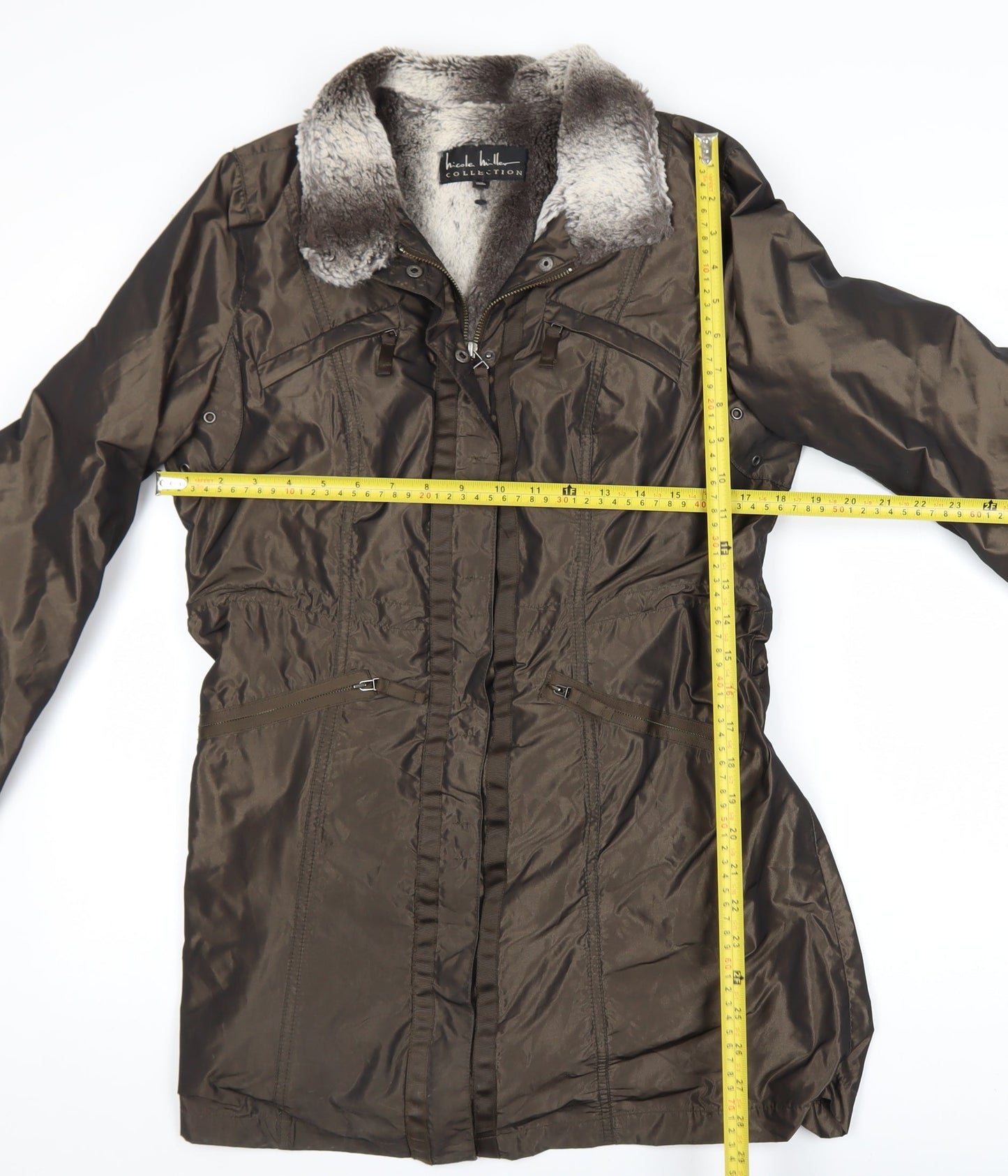Nicole Miller Women's Brown Faux Fur Lined Long Parka Coat Size S