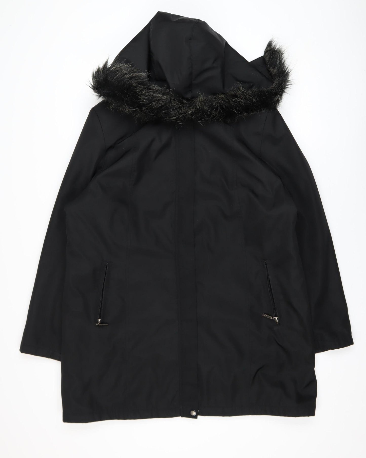 Bonmarché Women’s Black Long Hooded Parka Coat L Faux Fur Trim