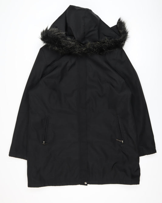 Bonmarché Women’s Black Long Hooded Parka Coat L Faux Fur Trim