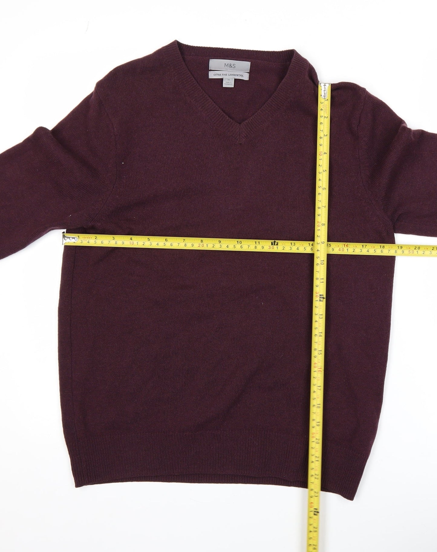 Marks and Spencer Men's Purple Wool V-Neck Jumper Size M