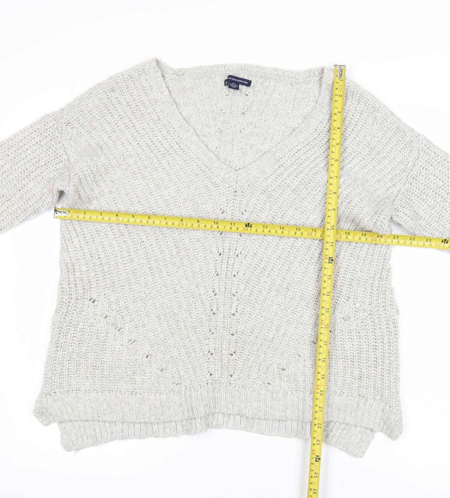 American Eagle Outfitters Women's Beige M Chunky Knit V-Neck Jumper
