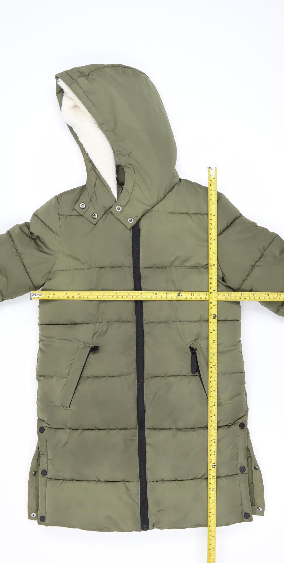 F&F Girls Green Hooded Long Puffer Coat 7-8 Years Winter Quilted Jacket