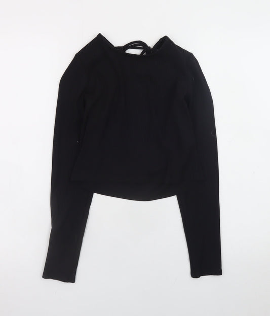 Monki Women Black Cropped Long Sleeve Jersey Top Size S