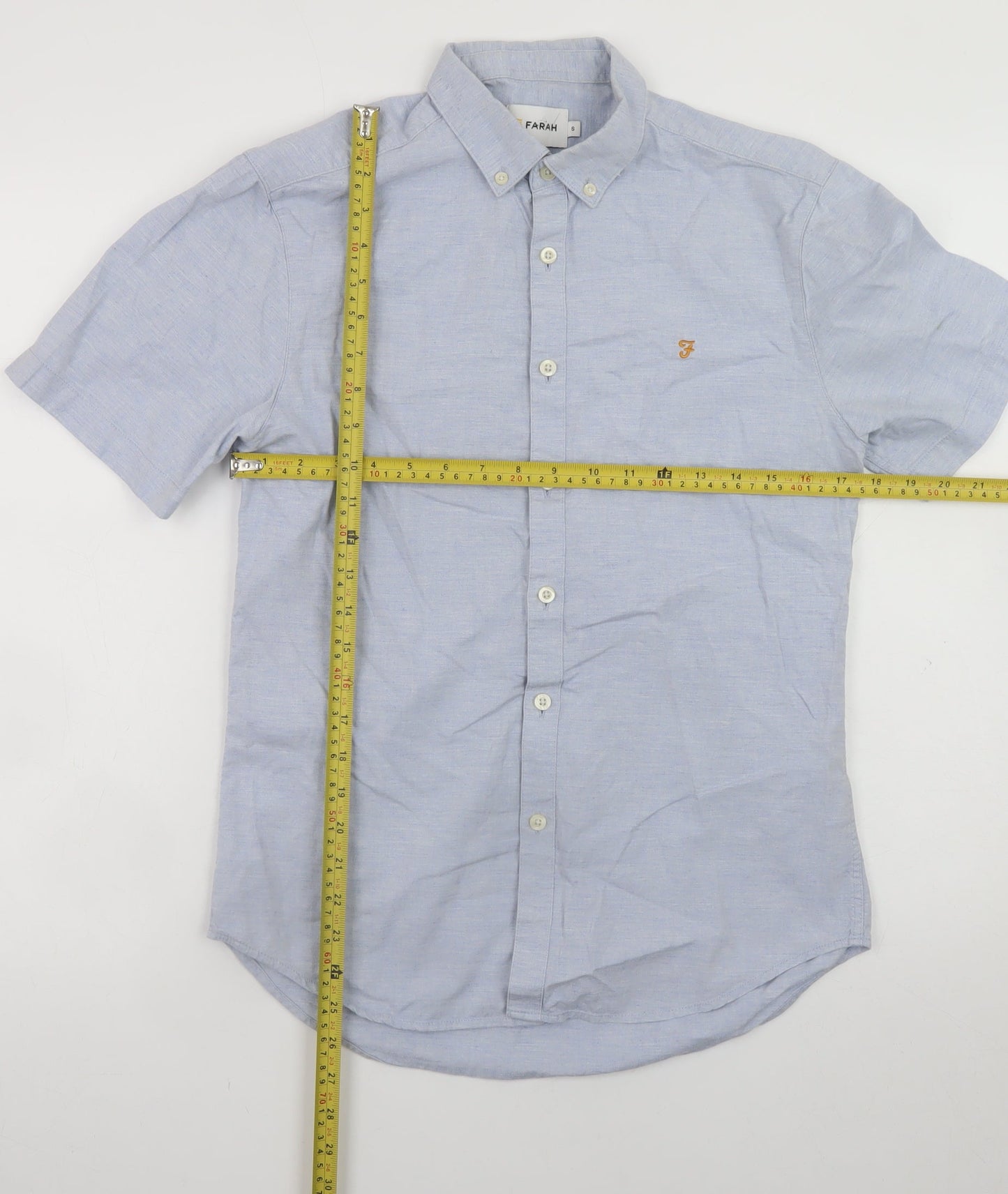 Farah Men's Blue Slim Fit Short Sleeve Button-Up Shirt Size S