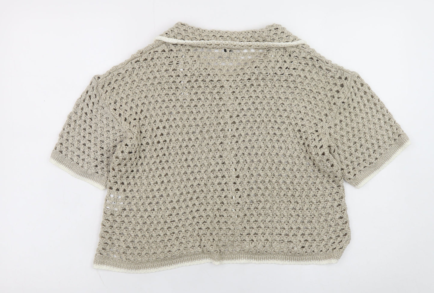 H&M Women’s Beige Crochet Short Sleeve Collared Cardigan Size 14