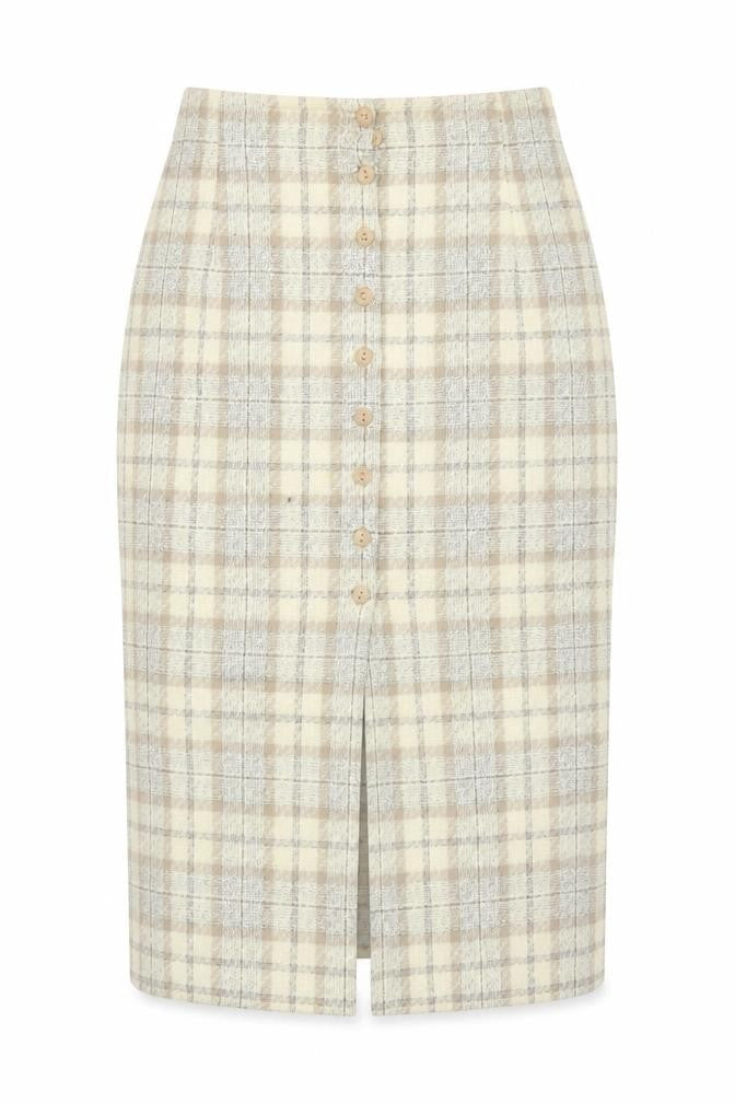 Marks & Spencer Women Beige Check Knee Length Pencil Skirt UK 12