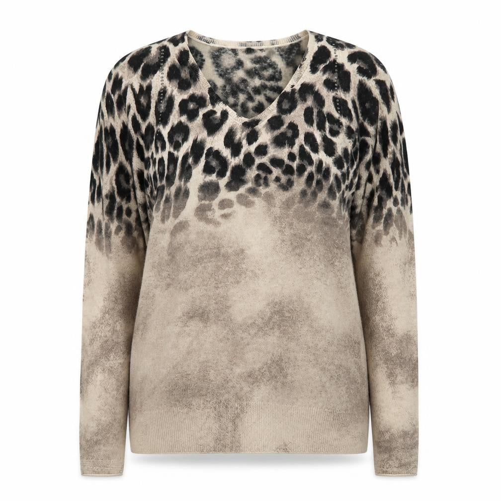Olsen Women Beige Leopard Print V-Neck Pullover Jumper Size 12