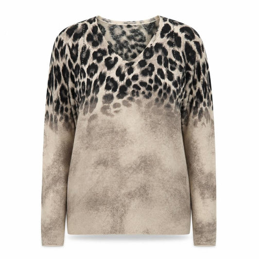 Olsen Women Beige Leopard Print V-Neck Pullover Jumper Size 12