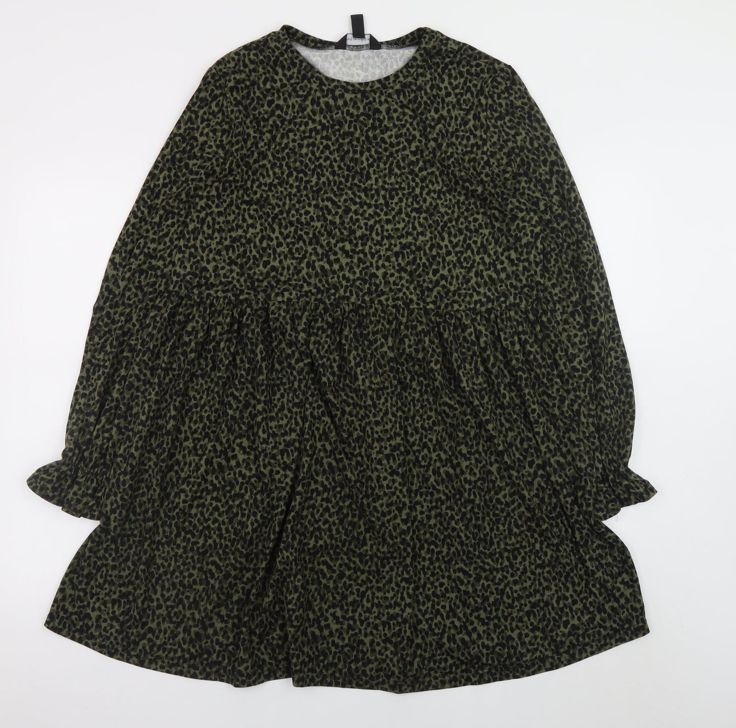 New Look Women’s Green Leopard Print Smock Dress Size 12 Long Sleeve