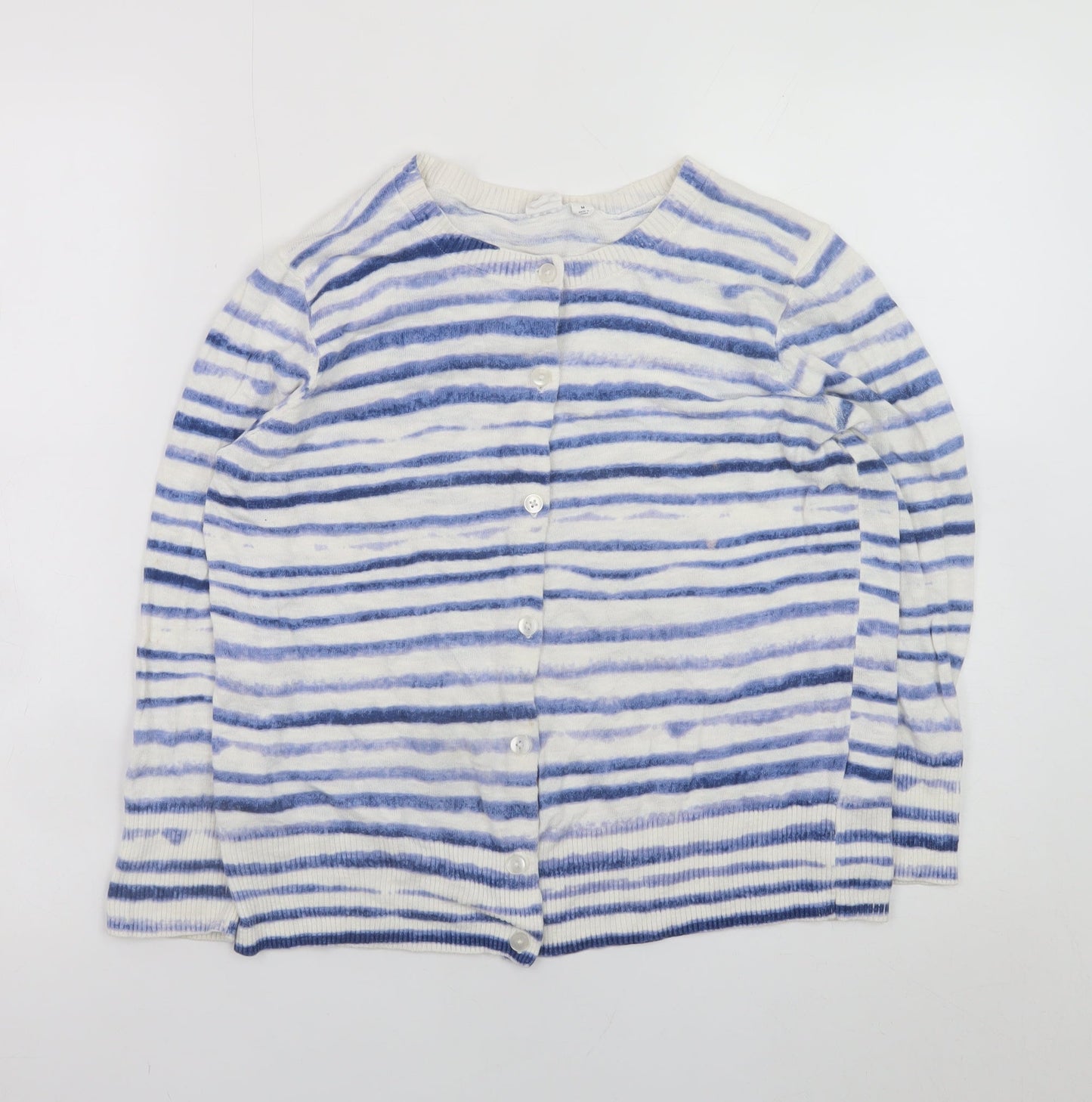 GAP Women’s Blue Striped Cotton Blend Crew Neck Cardigan M