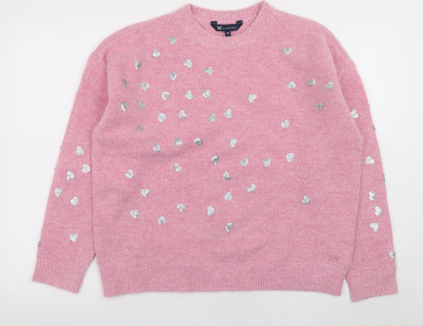 Crew Clothing Women Pink Sequin Heart Pullover Jumper Size 12