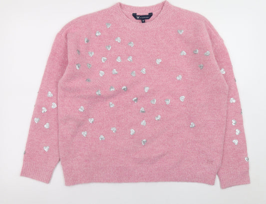 Crew Clothing Women Pink Sequin Heart Pullover Jumper Size 12