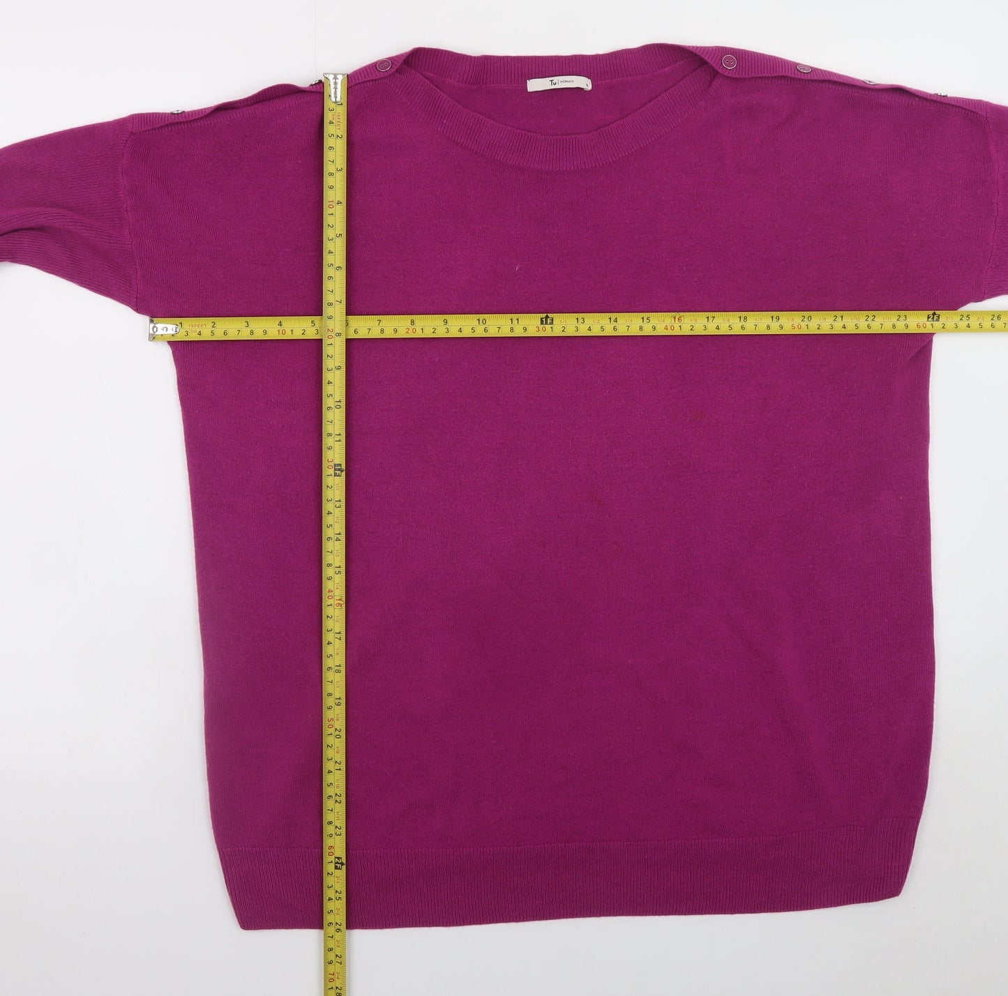 Tu Womens Purple Crew Neck Button Shoulder Jumper Size 16