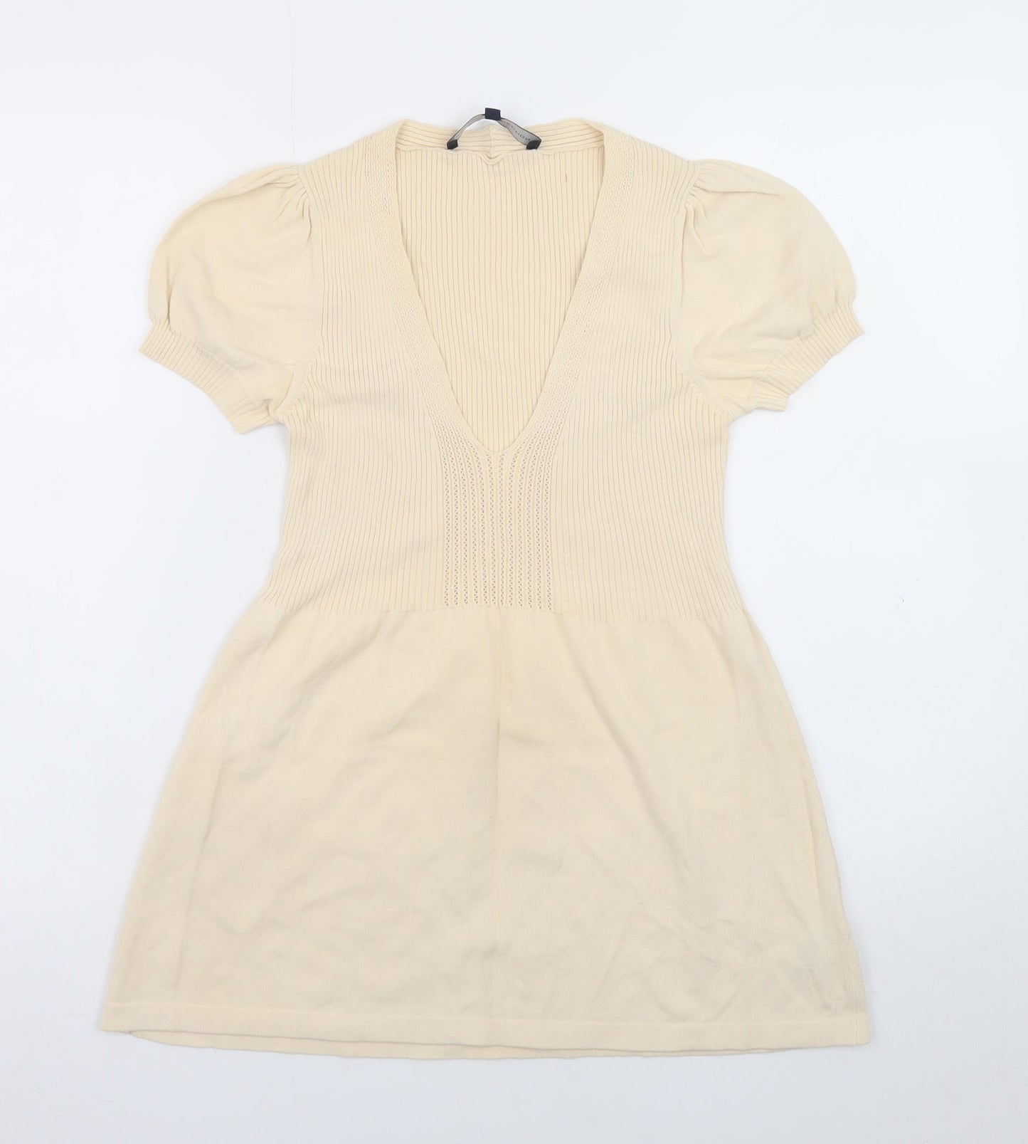 French Connection Women Beige Short Cotton Fit & Flare Dress M
