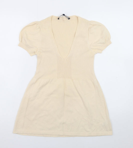French Connection Women Beige Short Cotton Fit & Flare Dress M