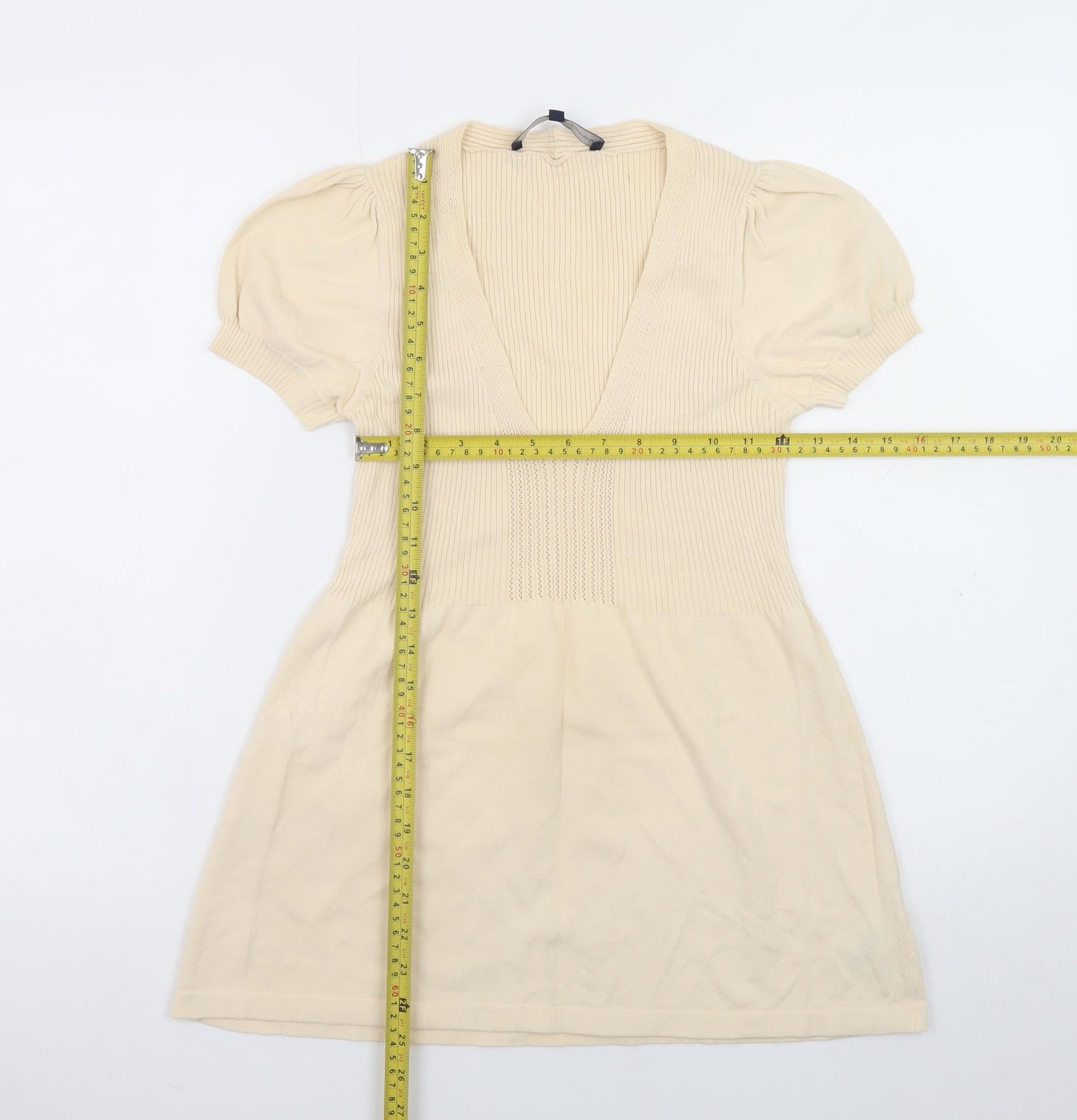 French Connection Women Beige Short Cotton Fit & Flare Dress M