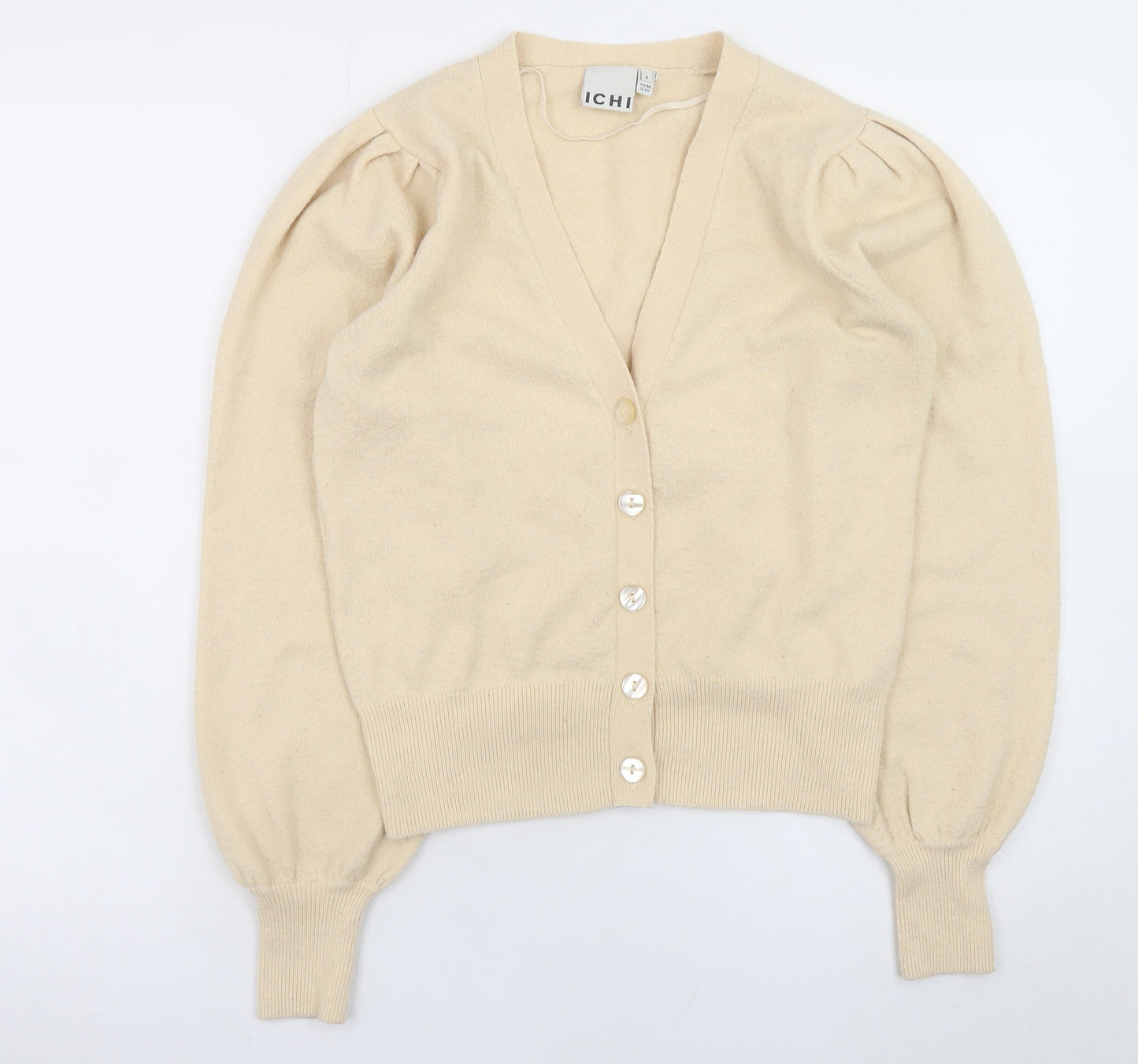 ICHI Womens Beige V-Neck Puff Sleeve Cardigan Size S