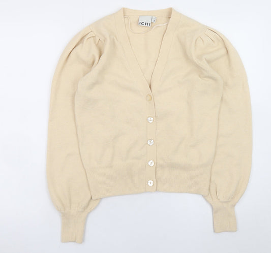 ICHI Womens Beige V-Neck Puff Sleeve Cardigan Size S