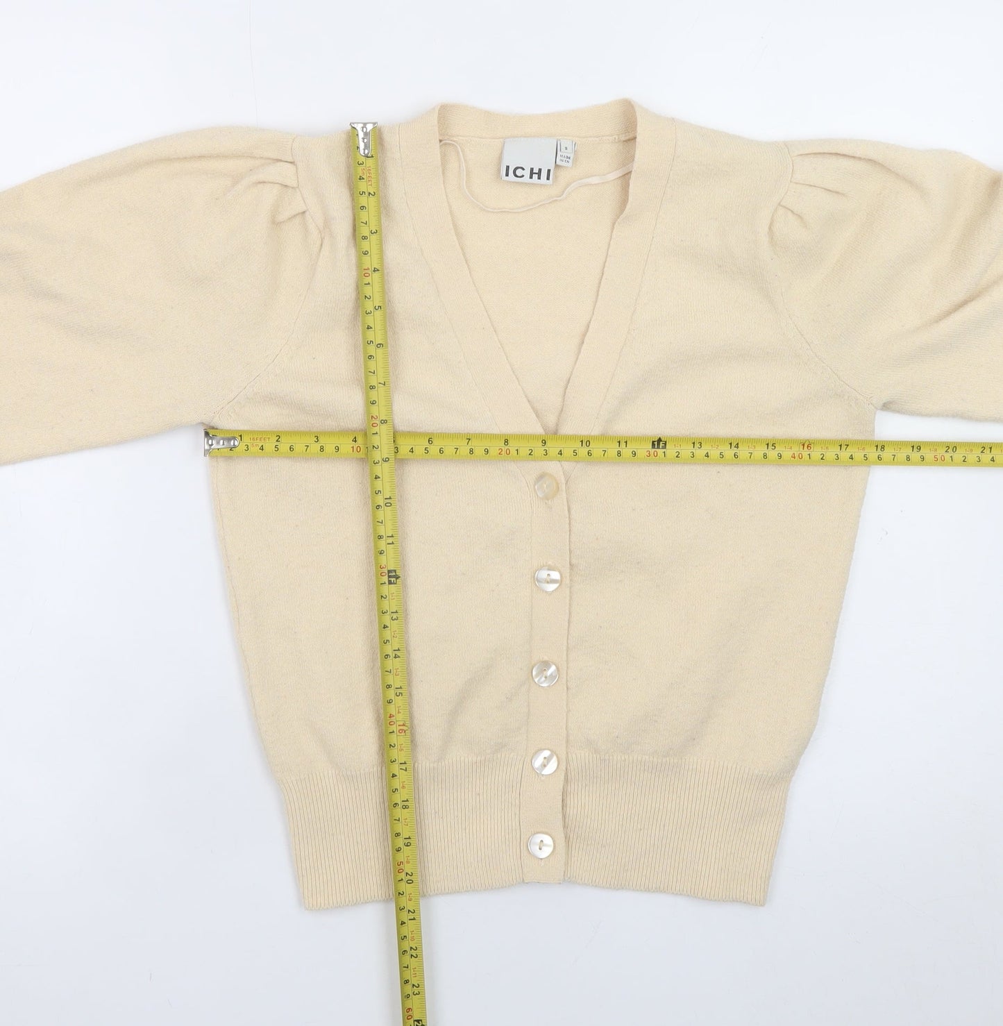 ICHI Womens Beige V-Neck Puff Sleeve Cardigan Size S