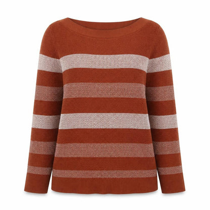 Front view of Market & Spruce Women's Brown Striped Knit jumper, size L