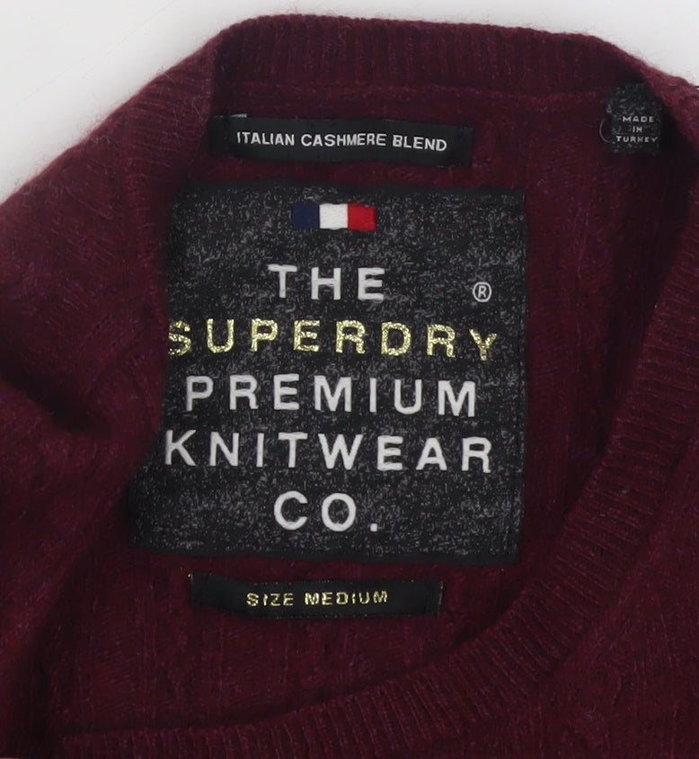 Superdry Women Burgundy Cable-Knit Crew Neck Jumper Medium