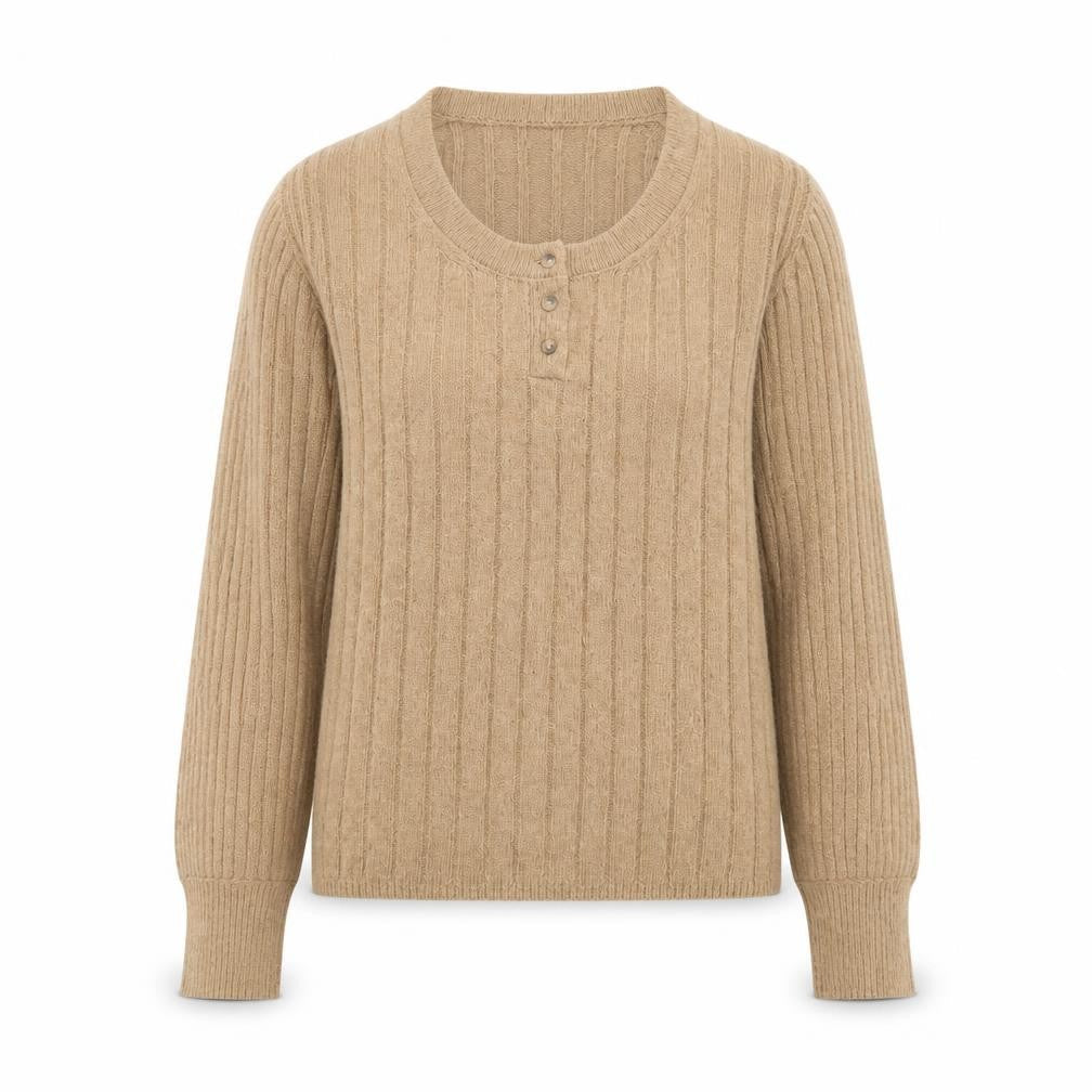 Marks & Spencer Women Beige Henley Jumper Medium Rib Knit Long Sleeve