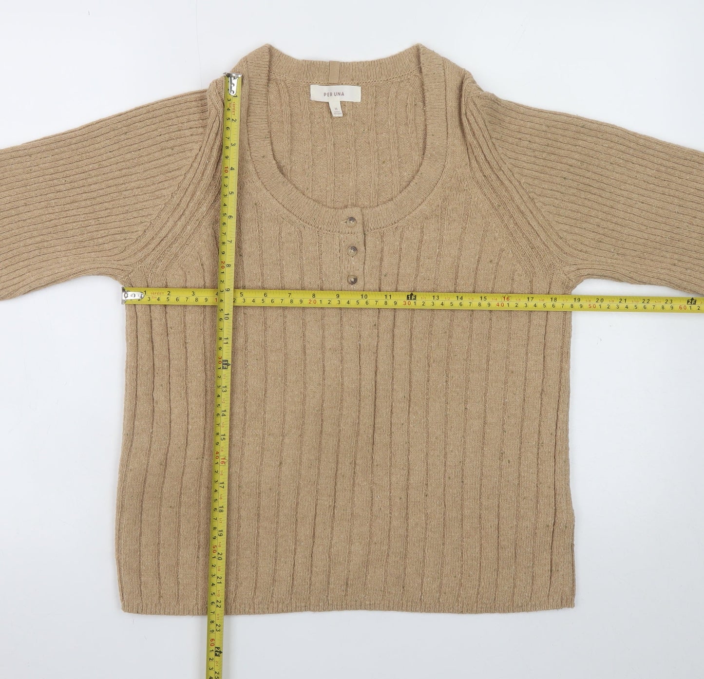 Marks and Spencer Women Beige Henley Jumper Medium Rib Knit Long Sleeve