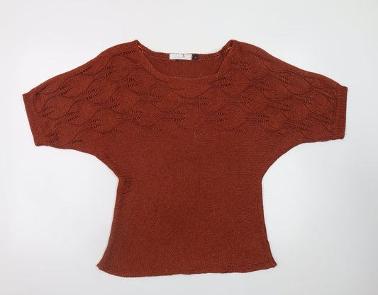 Classics Women Brown Knit Short Sleeve Pullover Jumper M